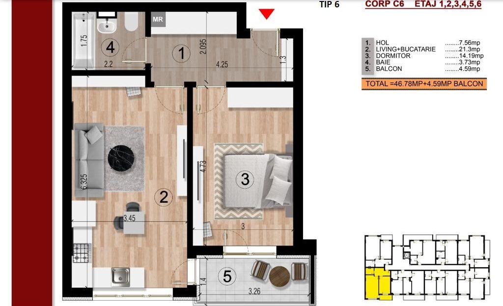 Apartament Studio 2 camere etaj intermediar