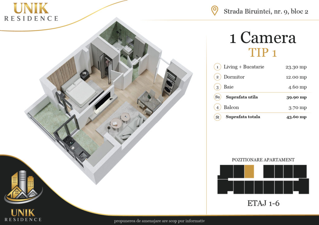Apartament 1 cameră Popești Leordeni
