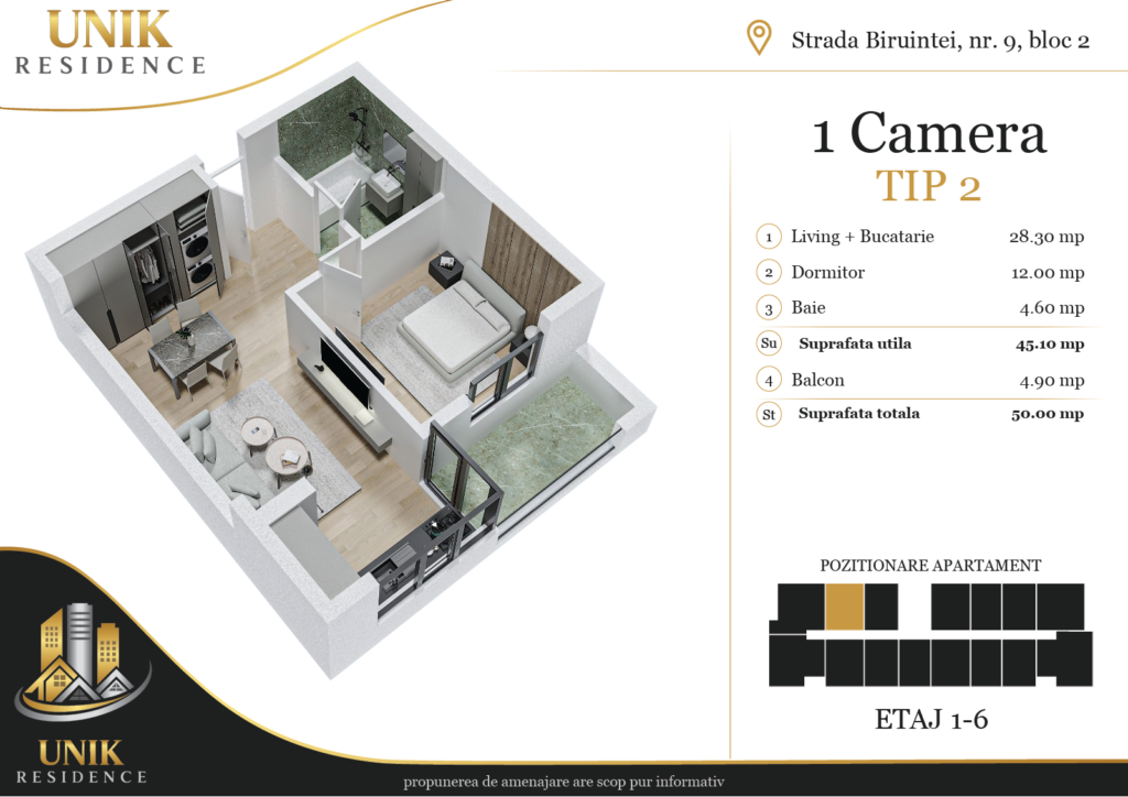 Apartament 1 camera în Popești Leordeni