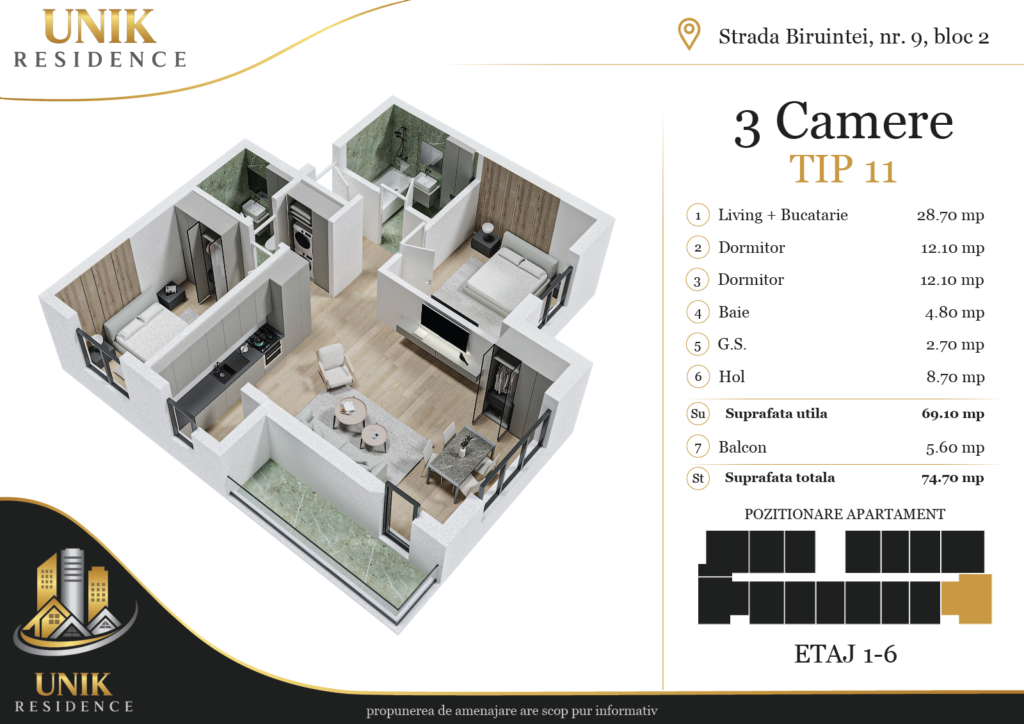 Apartament Popești Leordeni cu 3 camere