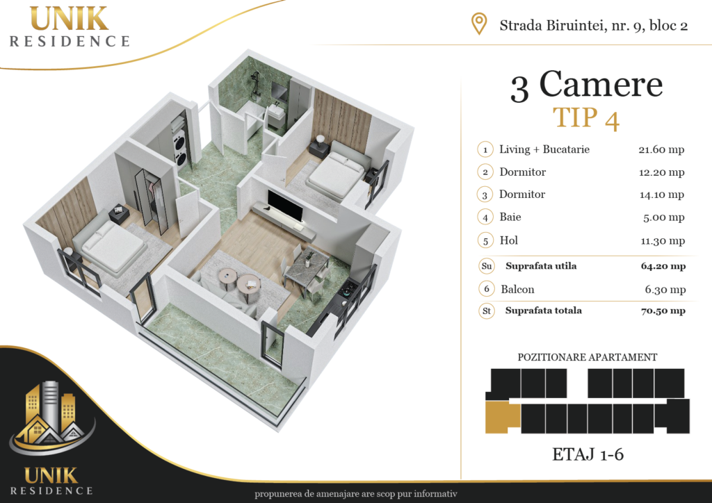 Apartament 3 camere de vânzare Popești
