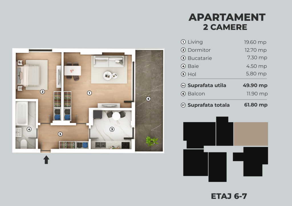 Apartament 2 camere de vanzare, 50mp, Unik Residence