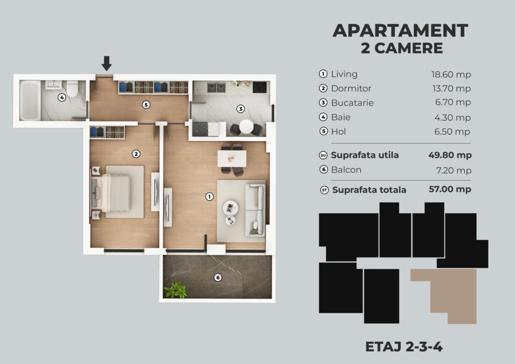 Apartament 2 camere de 57mp de vanzare 