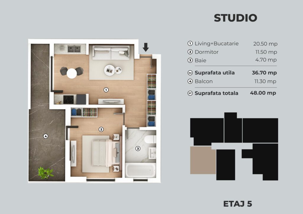 Apartament tip studio de 37mp, Biruintei 9 Unik Residence