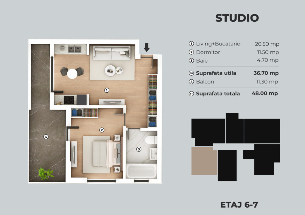 Apartament tip studio de 37mp, Biruintei 9 Unik Residence