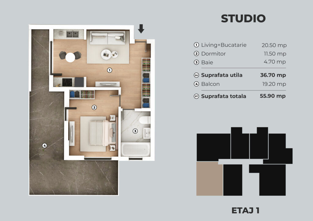 Apartament tip studio de 36mp, Biruintei 9 Unik Residence